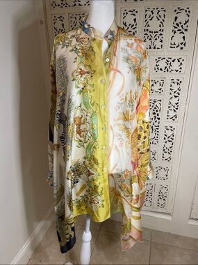 Salvatore Ferragamo silk, chiffon handkerchief top peach Yellow, Green & Cream
